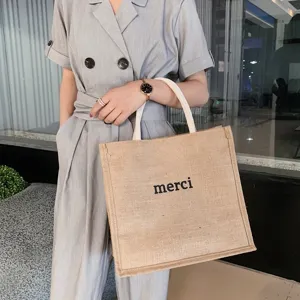 Women Large Capacity Jute Tote Bag Vintage Khaki Burlap Handbag With Merci Letter Print Casual Daily Shoulder Beach Bag