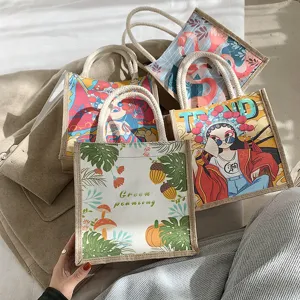 Damen Leinen Canvas Handtasche 2023 Graffiti Stil Nationale Trend Mode Casual Kleine Tote Bag Tragbare Lunchbag Handtasche
