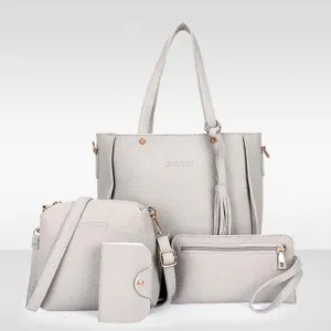 Elegantes 4-teiliges graues Handtaschen-Set mit Narbenleder-Optik, Shopper und Umhängetasche