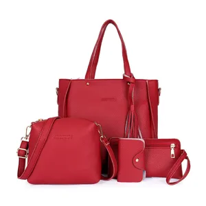 Klassisches rotes 4-teiliges Handtaschenset mit Shopper und Umhängetasche aus Leder