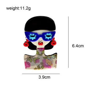Detailed view of fashion acrylic girl brooch featuring a vibrant floral pattern.