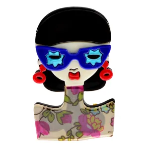 Stylish acrylic girl brooch with floral dress and sunglasses for fashion accessories.