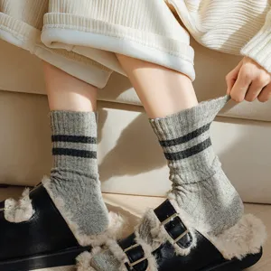 Grey wool blend mid-tube socks featuring classic double stripes for cozy winter daily wear.