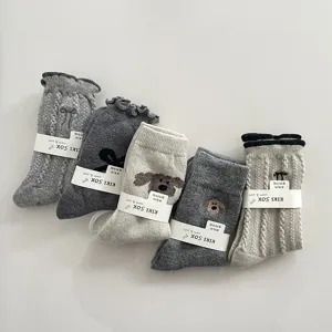 Cozy grey wool mid-tube socks set, cute bows and dog embroidery for autumn and winter daily wear.
