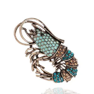 Unieke vintage kreeft broche speld met kleurrijke strass steentjes op antiek goud metaal