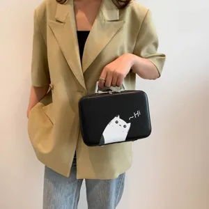 Sac à maquillage noir moderne avec imprimé chat mignon et poignée en métal élégante