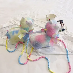 Süße Alpaka-Plüsch-Umhängetasche mit Farbverlauf und Perlenkette für Mädchen