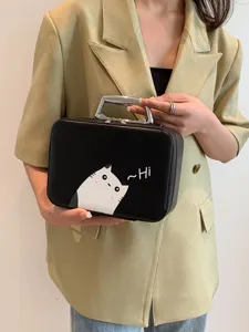 Trousse de maquillage noire élégante avec imprimé chat et poignée en métal argenté
