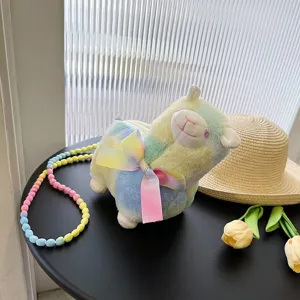 Süße Alpaka-Plüsch-Umhängetasche mit Regenbogen-Perlenkette in Pastellfarben, neu
