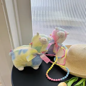 Süße Regenbogen-Alpakaplücktasche mit bunter Perlenkette für Damen