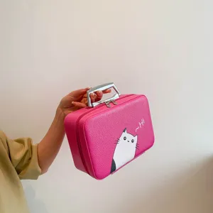 Boîte à maquillage rose portable avec imprimé chat mignon et poignée en métal.