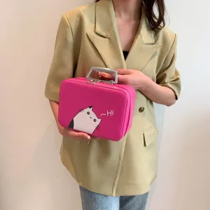 Trousse de Maquillage Imprimé Chat de Dessin Animé en Cuir PU Boîte Cosmétique Portable Avec Poignée en Métal Organisateur de Voyage Imperméable