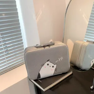 Boîte à maquillage argentée style ins avec imprimé chat mignon et poignée portable