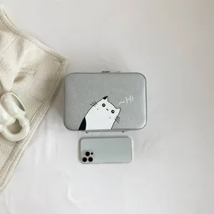 Trousse de maquillage argentée avec imprimé chat mignon et texture en simili cuir