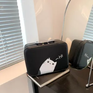 Trousse de maquillage noire avec imprimé chat de dessin animé et poignée solide