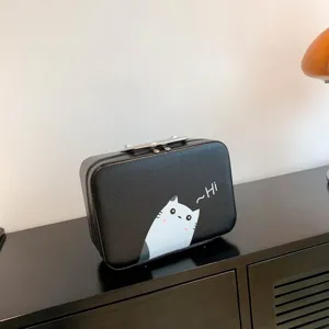 Boîte de maquillage portable en similicuir noir avec un joli chat de dessin animé blanc