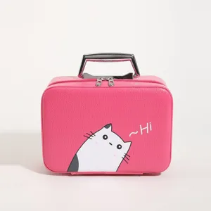 Trousse à maquillage rose élégante avec imprimé chat mignon et poignée en métal