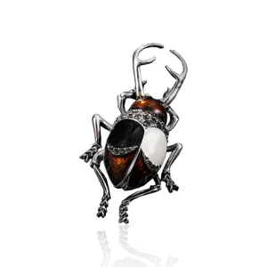 Exquisite vintage beetle brooch with brown enamel and sparkling rhinestone accents