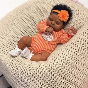 Reborn Baby Doll African American Simulation Sleeping Newborn Girl Vinyl Cloth Body Orange Striped Romper Pumpkin Floral Headband Gift
