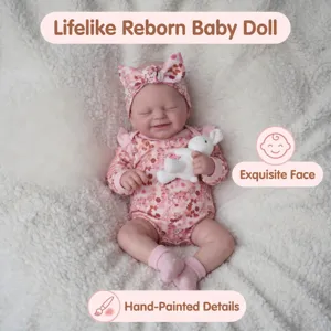 Lifelike Reborn Baby Doll With Pink Floral Outfit Cloth Body Hand Painted Vinyl Realistic Sleeping Soft Doll Toy Gift For Kids