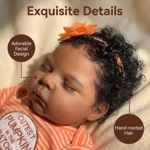 Detailed macro view of a 19-inch Reborn baby doll with hand-rooted dark curly hair