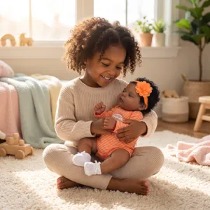 A 19 inch lifelike black reborn baby doll in an orange striped romper held by a girl