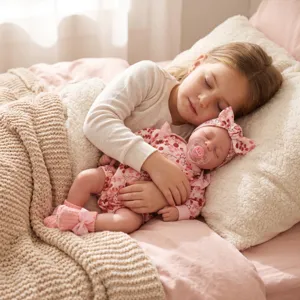 Realistic 19-inch reborn baby doll in pink floral outfit hugged by a young girl sleeping in bed