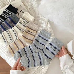 Detailed view of striped warm winter socks for women with As You Wish embroidery texture.