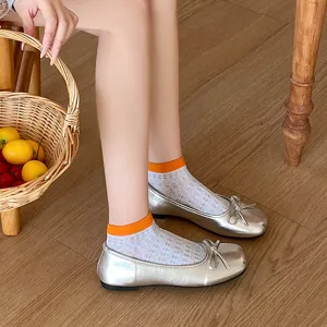 Cute hollow breathable women short socks with silver flat shoes, stylish dopamine style.