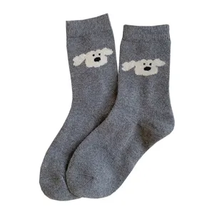 Grey wool crew socks for women winter cute puppy pattern knitted thermal hosiery warm fashion