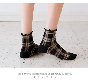 Detail shot of women's plaid ruffle trim socks, casual breathable cotton hosiery.