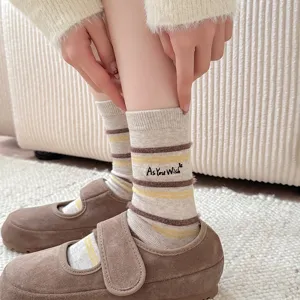 Warm striped mid-calf socks with 'As You Wish' embroidery for stylish winter comfort