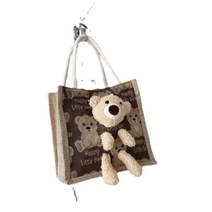 Cute linen teddy bear handbag for students, stylish casual lunch tote bag for daily use