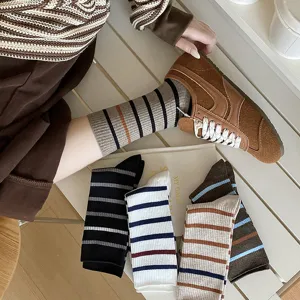 Women Cotton Striped Crew Socks Korean Style Minimalist Double Needle Knitted Mid-Calf Socks Moisture-Wicking Daily Casual Socks