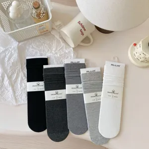 Autumn winter anti pilling fine vertical stripe mid tube women cotton socks set of five