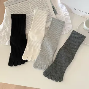 Set of women's ribbed five-toe mid-calf socks in four neutral solid colors