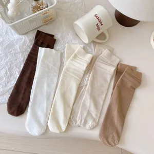 Detailed view of fine ribbed mid-calf socks in versatile brown and neutral tones, soft cotton.