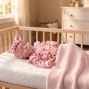 Detail view of a sleeping 19-inch reborn baby doll in a pink floral floral outfit