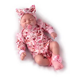 Lifelike 19-inch reborn baby doll wearing a cute pink floral outfit and a bow headband