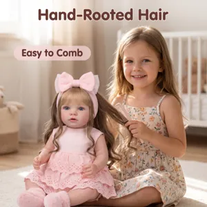 Detail of a realistic reborn baby doll with hand-rooted hair being combed by a young girl.