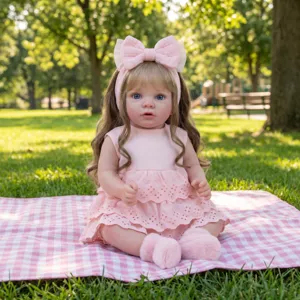 Detailed close-up of a realistic reborn baby doll in a pink princess dress and bow