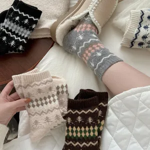 Calcetines de lana gruesos Fair Isle mujer invierno vintage calidos peluche largos detalle