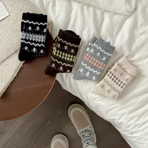 Calcetines de invierno de lana gruesa, patrón retro Fair Isle de pino, calcetines casuales.