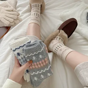 Calcetines Gruesos de Lana de Invierno para Mujer Retro Fair Isle Patrón de Árbol Térmicos Cálidos Suaves Calcetines Largos