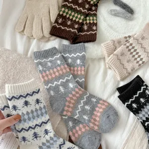 Calcetines térmicos de lana Fair Isle mujer, diseño vintage de invierno con árboles, gruesos y cálidos.