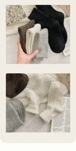 Close-up detail of warm women's ribbed wool socks with colorful flecked yarn pattern