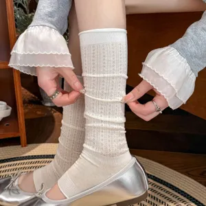 White stirrup leg warmers cotton mesh long socks ballet style women summer spring breathable