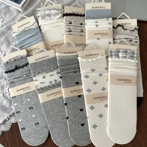 Japanese style sweet floral and heart pattern slouch socks for women in grey and cream
