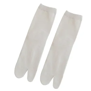 Solid white breathable cotton split-toe tabi socks in mid-calf length for women