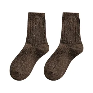 Brown women's ribbed speckled yarn wool crew socks providing autumn winter warmth and comfort